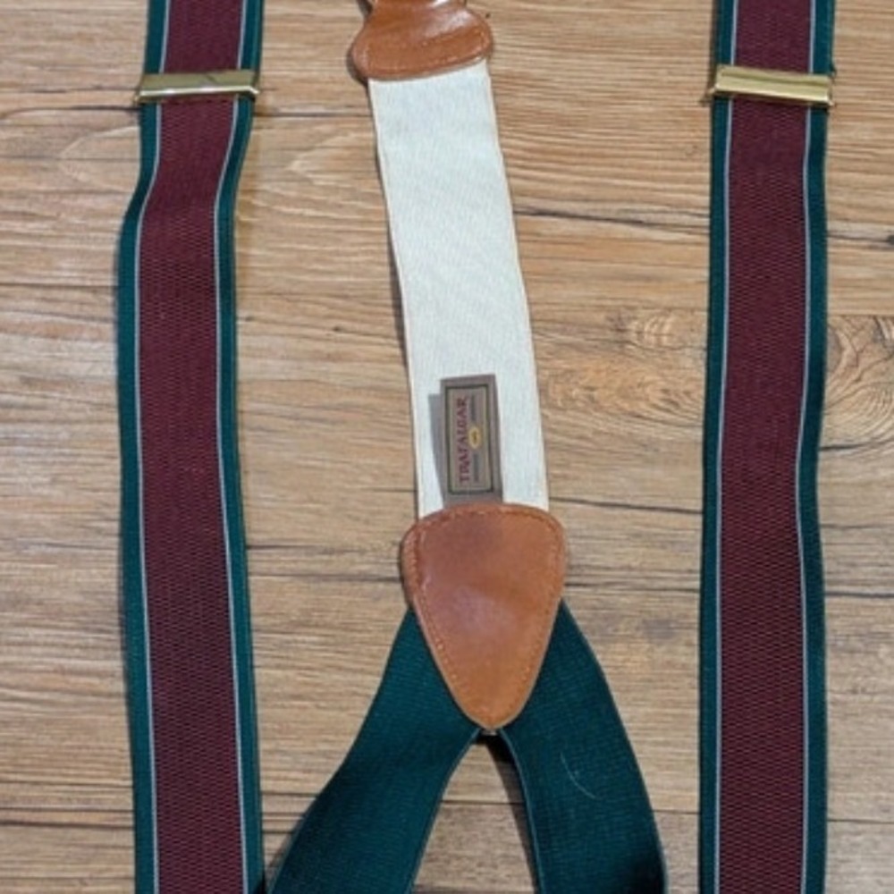 Trafalgar Mens Suspenders Striped Hunter Green Burgundy Button End Braces Y-Back - Picture 6 of 7